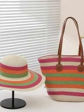 Striped Multicolor Straw Tote Bag with Brown Handles